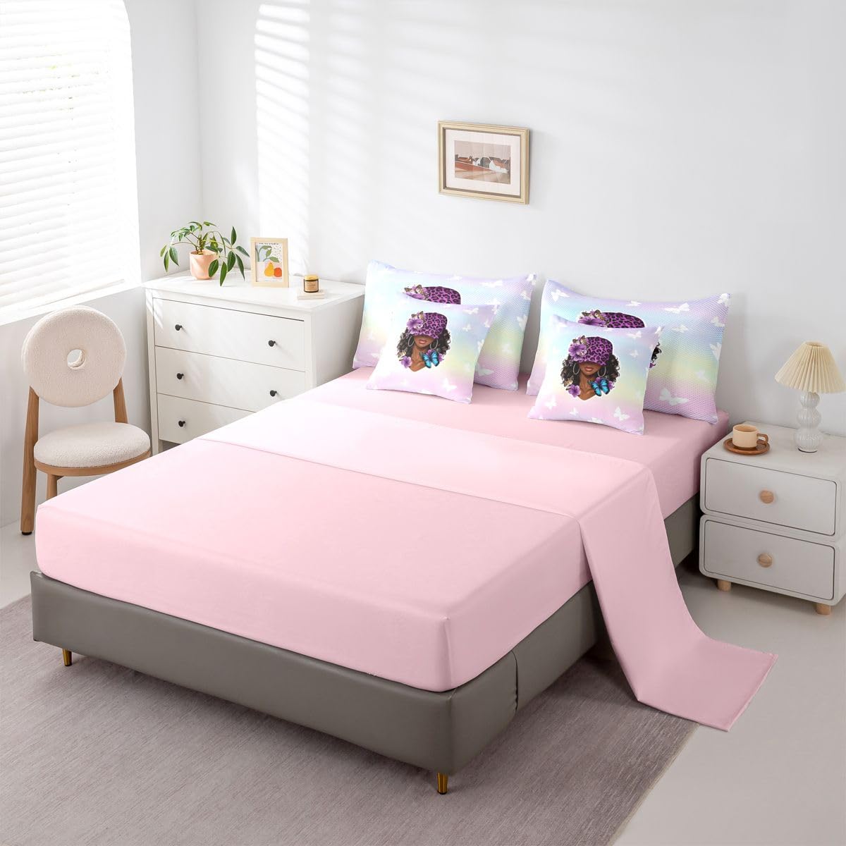 Erosebridal Y2K Black Girl Magic Twin Size Bedding Set Aesthetic Floral Butterfly 7 Pieces Comforter Set with Sheets for Women Purple Leopard Print Hat Bed in a Bag Pastel Gradient Polka Dot Bed Sets