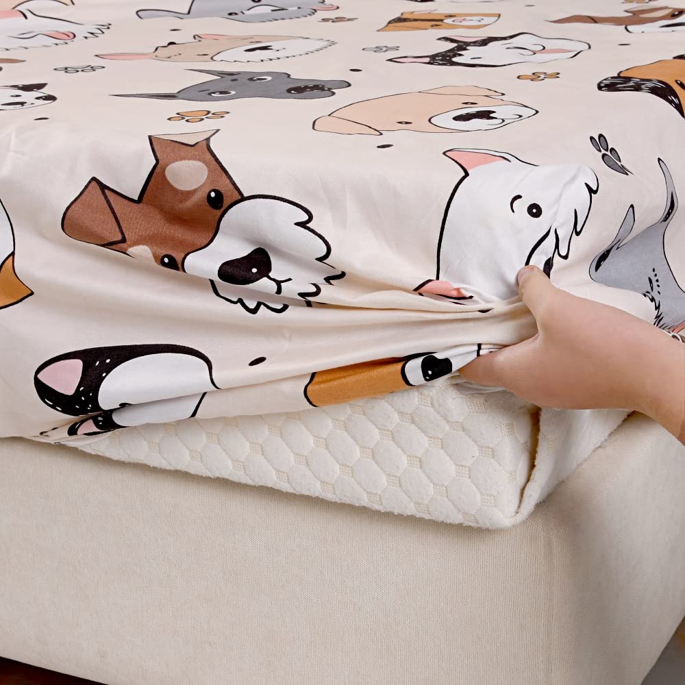 KWLOVER 2PCS Cute Puppy Patterns Soft Bed Fitted Sheet and Pillowcase Set,Doggy Doggies Pattern Printed Sheets for Kids Boys Teens Full Size Bed