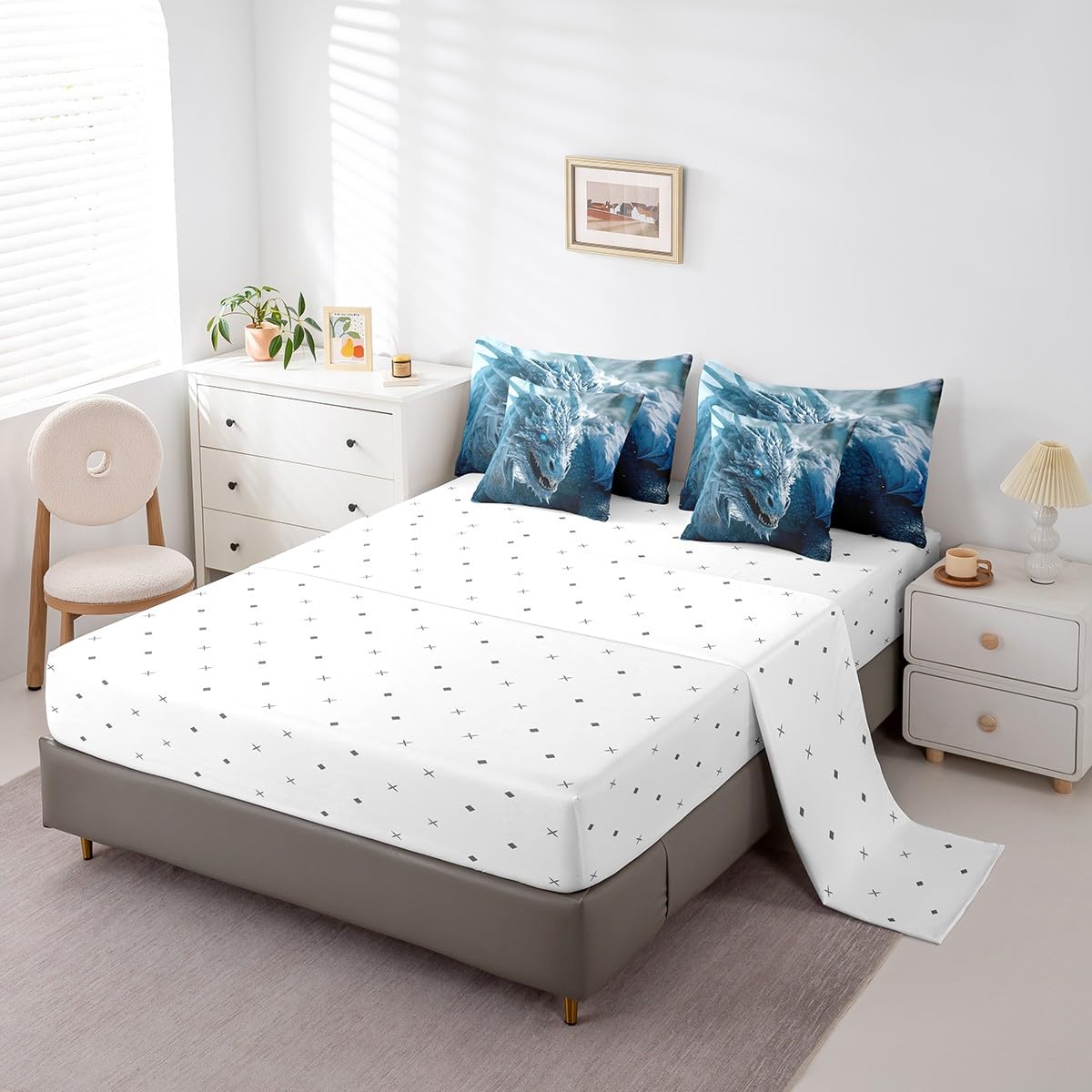 7Pcs 3D Dragon Comforter Sets & Collections Ice Dragon Queen Size Bedding Sets for Boys 3D Blue Dragon Comforter with Sheets, Mysterious Wildlife Style Quilt Comforter Set Bed in a Bag 7-Piece
