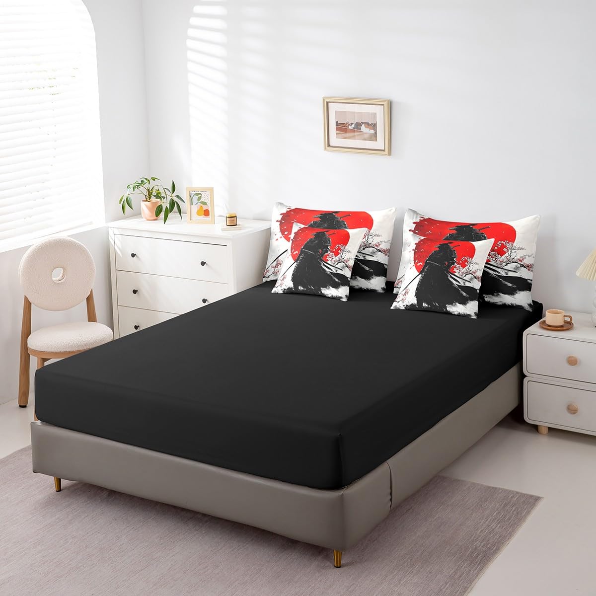 Erosebridal Samurai Comforter Set Twin,Japanese Cherry Blossom Bedding Set 7Pcs for Men Boys Teens,Red Sun Quilt,Asian Cool Red Black Men Silhouette Bed in a Bag
