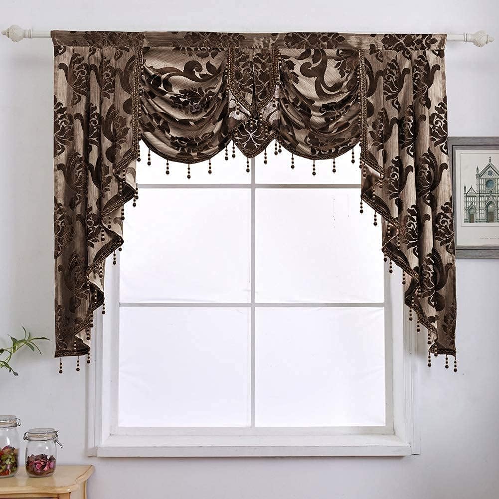 NAPEARL Window Valances for Living Room, Jacquard Damask Luxury Valance Curtains for Windows, Chocolate Brown Rod Pocket Waterfall Valance with Swags, 61-Inch Wide