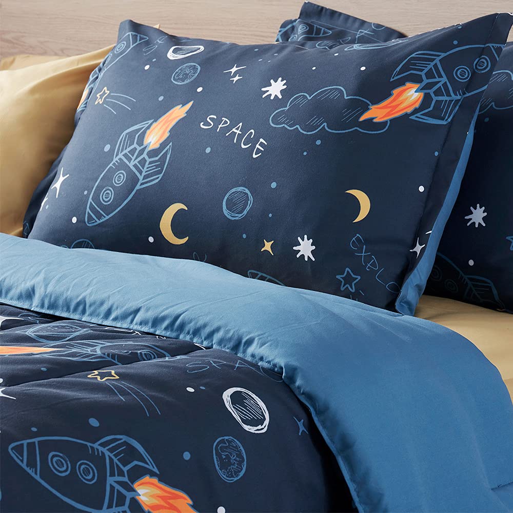 SLEEP ZONE Kids Twin Bedding Comforter Set - Super Cute & Soft Kids Bedding Bed in a Bag Pieces Set with Comforter, Sheet, Pillowcase & Sham (Space Rocket)