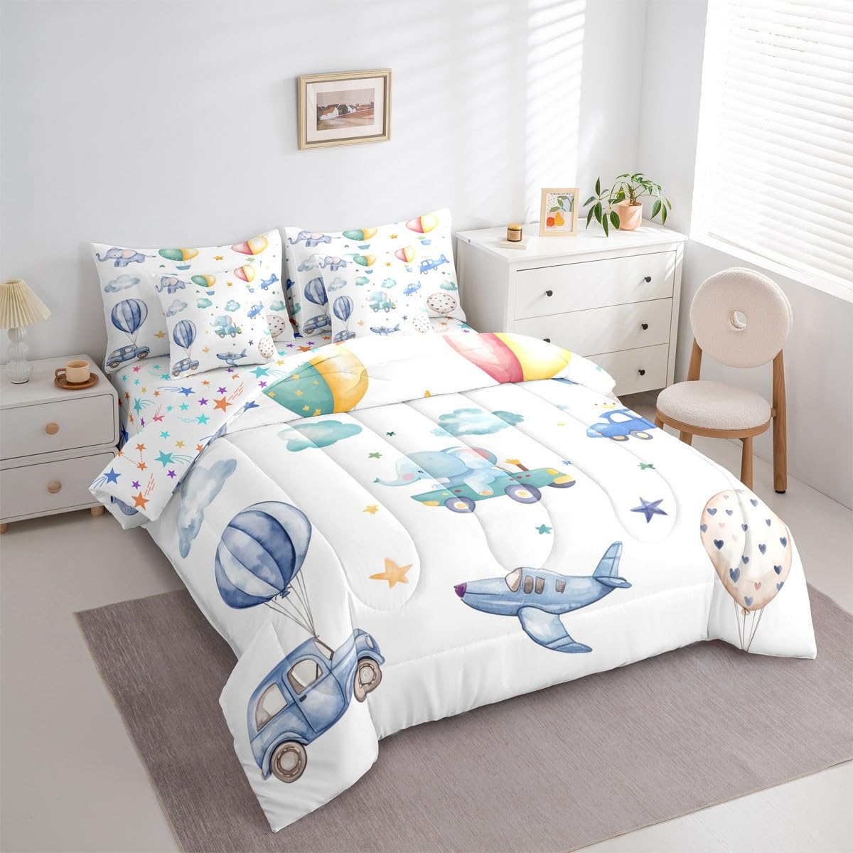 Erosebridal Colorful Hot Air Balloon Twin 7 Pcs Bedding Set, Cute Airplane Aircraft Comforter Set with Sheets for Boys Kids Adults Girls, Cartoon Car Lovely Heart Bed in A Bag, Star Print Bed Sets