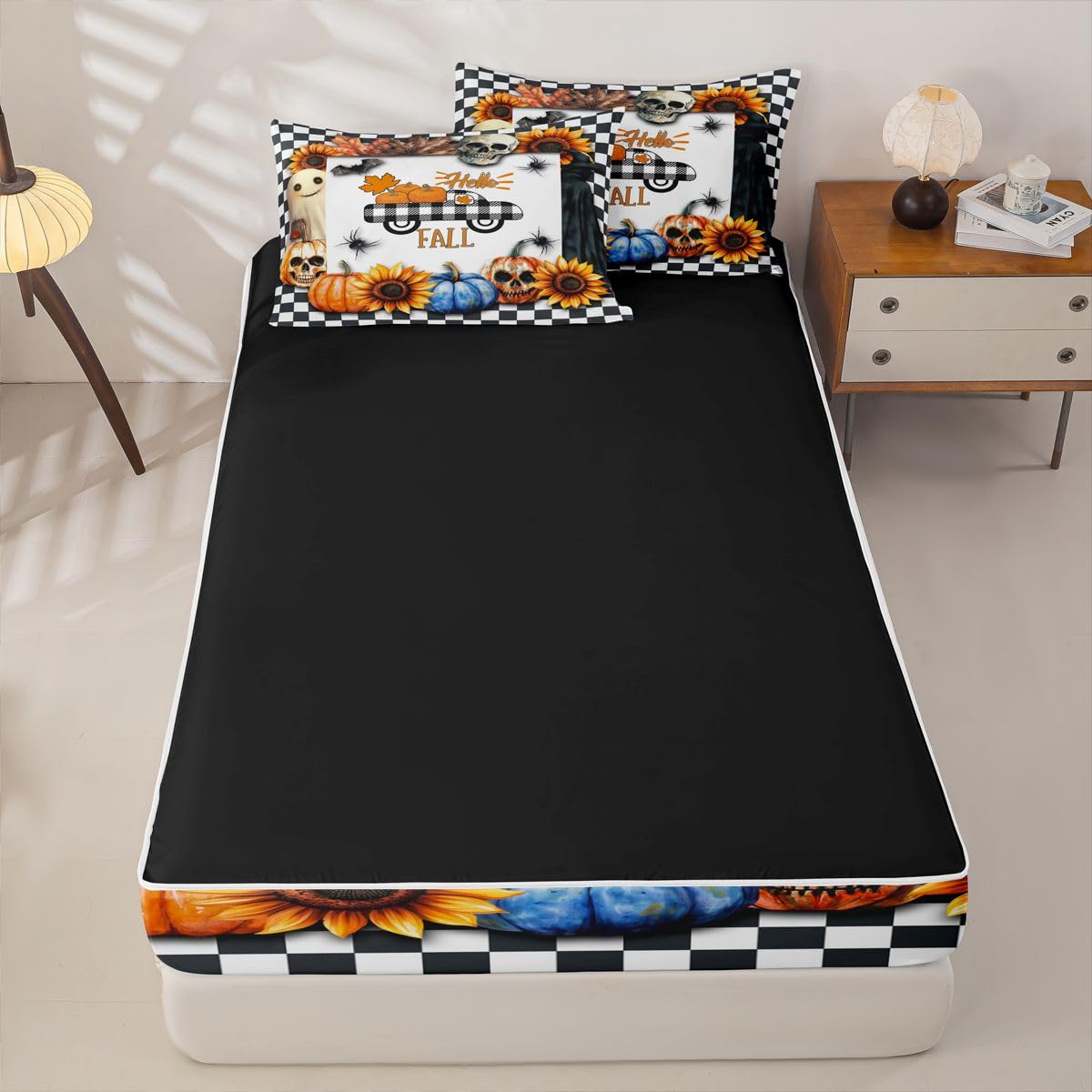Feelyou Pumpkin Car Zipper Bedding Sets Kids Sugar Skull Bat Print Queen Comforter Set with Fitted Sheet Autumn Plants Themed Plaid Comforter Halloween Style Bed in A Bag