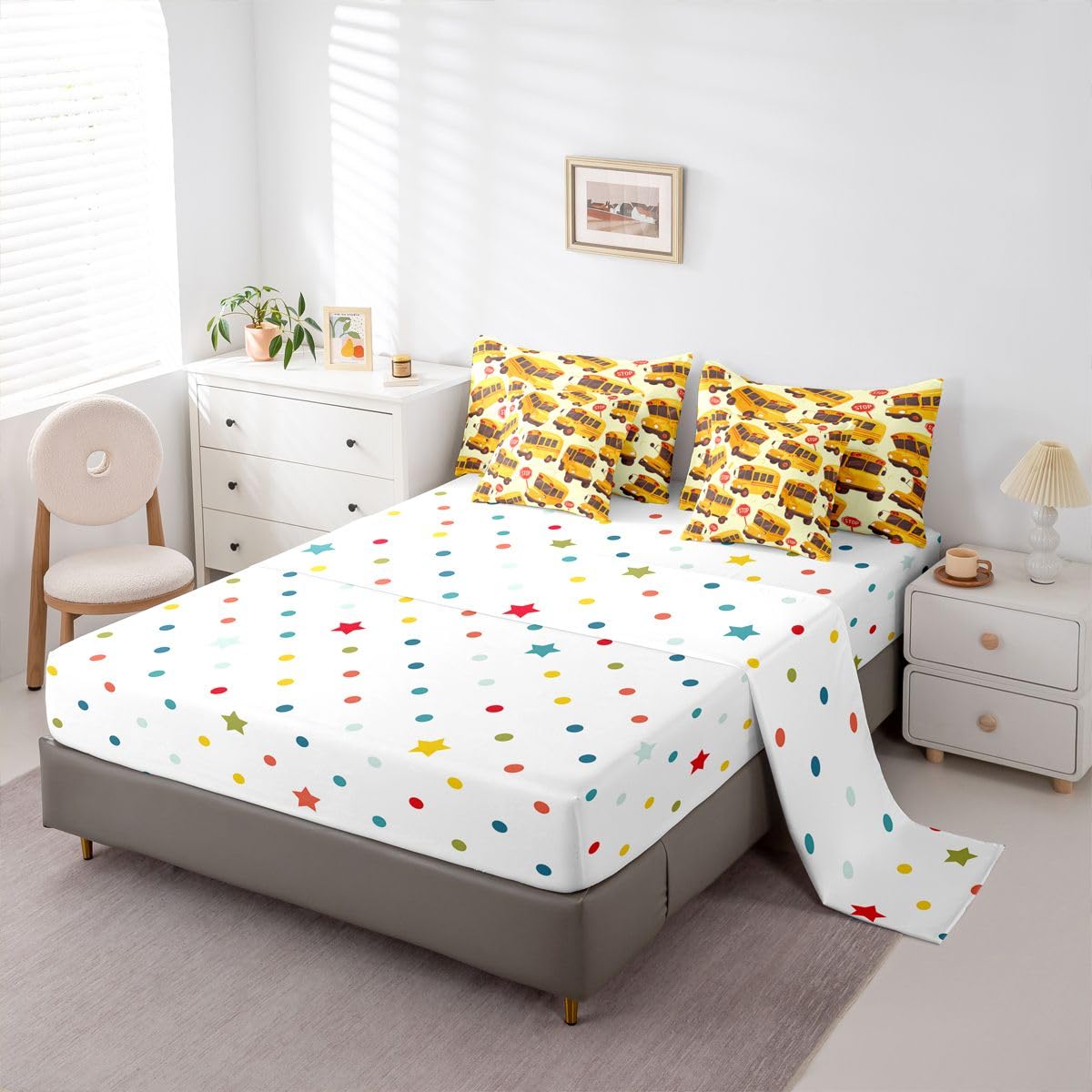 Erosebridal School Bus Twin 7 Pieces Bedding Set for Kids, Cartoon Truck Bed in A Bag for Boys Girls Teens Youth Bedroom Decor, School Theme Comforter Set with Sheets, Yellow Vehicle Bed Sets