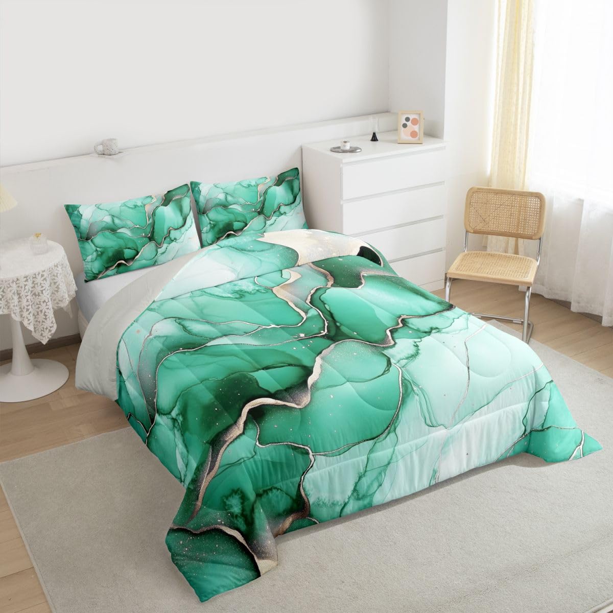 Erosebridal Green Marbling Comforter Set King Marble Print Bedding Set Gold Ink Fluid Art Comforter for Kids Boys Girls,Ombre Marble Textured Quilt Duvet