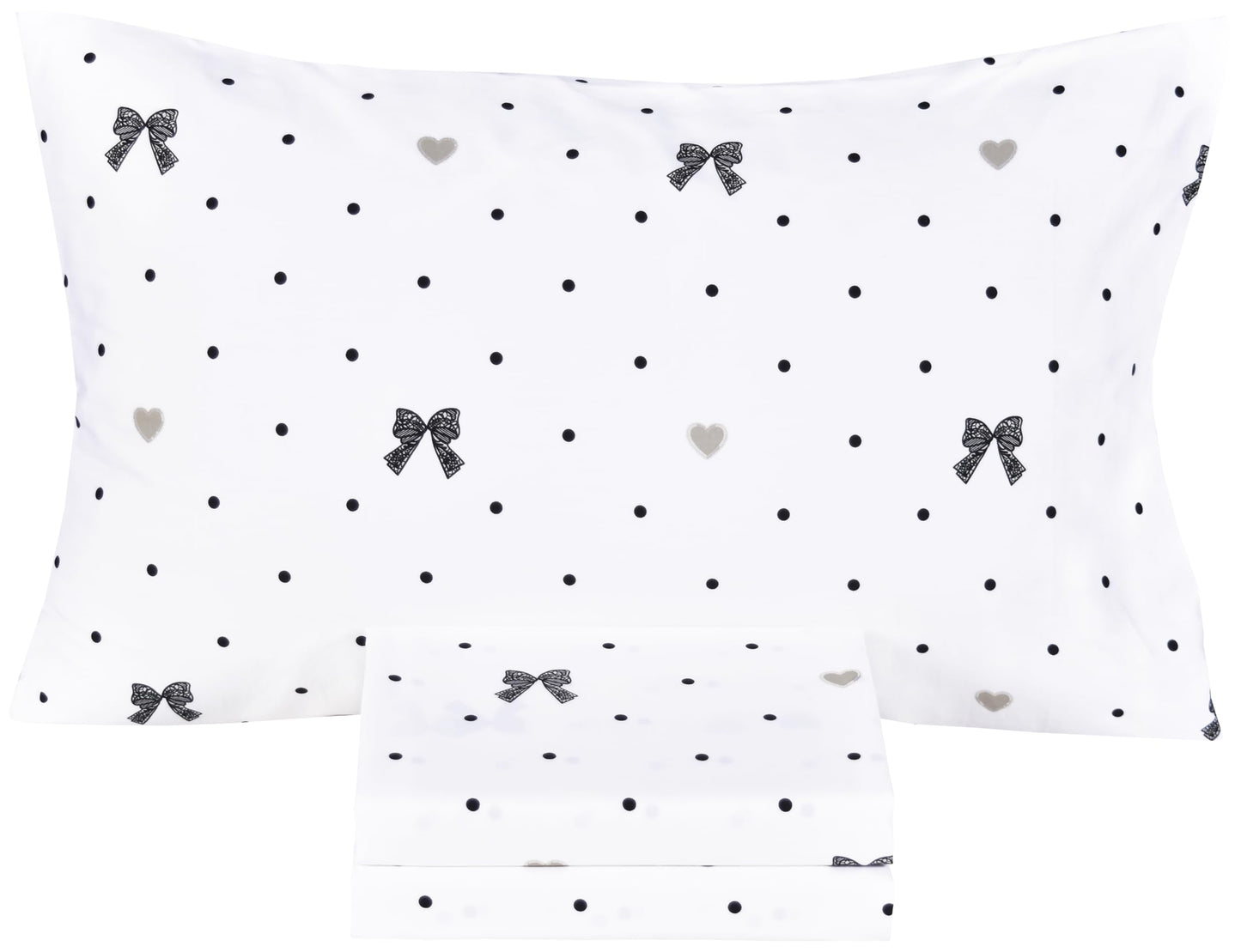 Scientific Sleep Lace Bow Romantic Bowknot Black Dot 100% Cotton 3 Pcs Twin Bed Sheet Set Kids Boys Girls Teen, Flat Sheet & Fitted Sheet & Pillowcase Child Bedding Set (Bow, Twin)