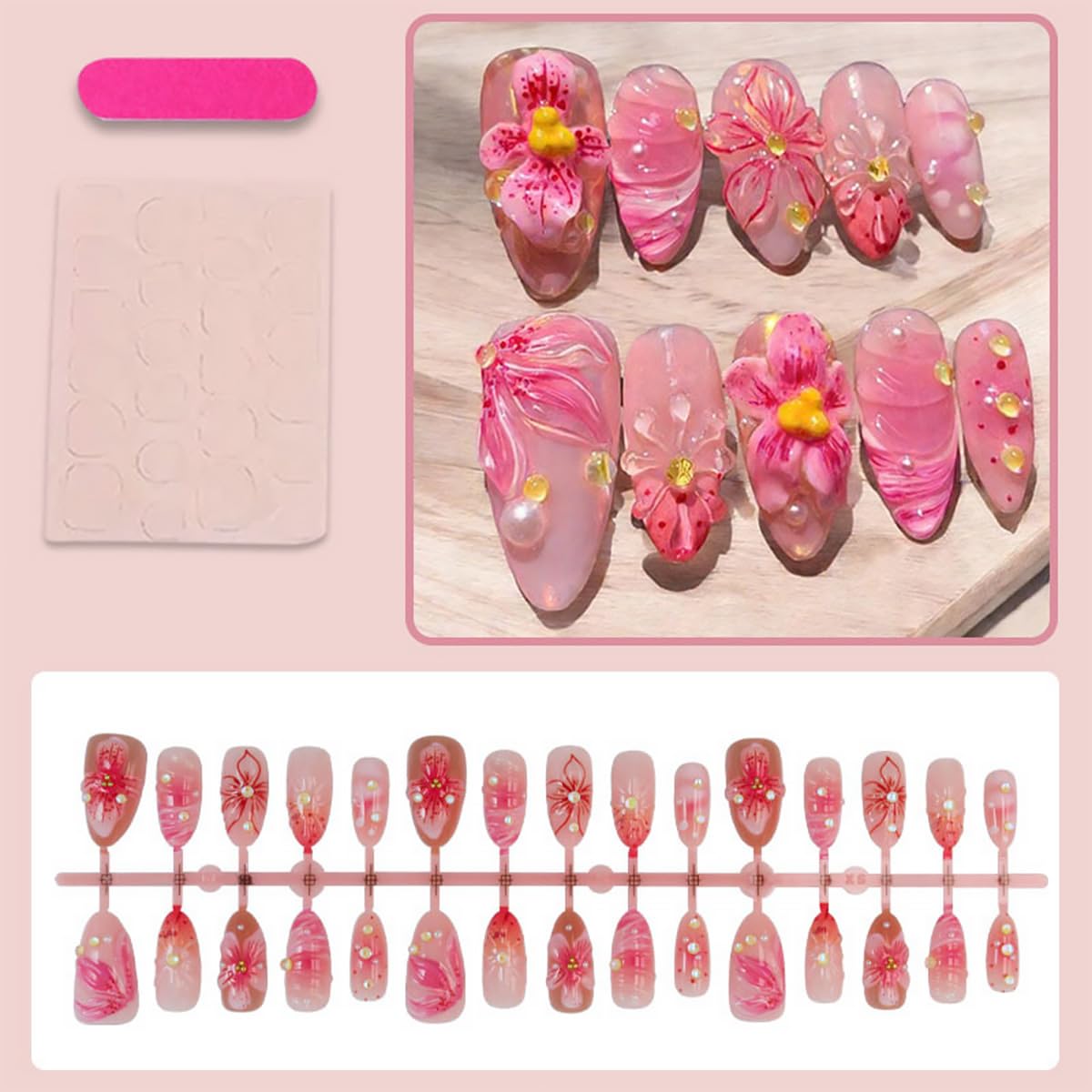 30Pcs Pink Flower Press on Nails Medium Almond Fake Nails with Yellow Pistil 3D Pearl Design Full Cover Artificial Glue on Nails Spring False Nails Handmade Stick on Nails for Women Manicure Salon