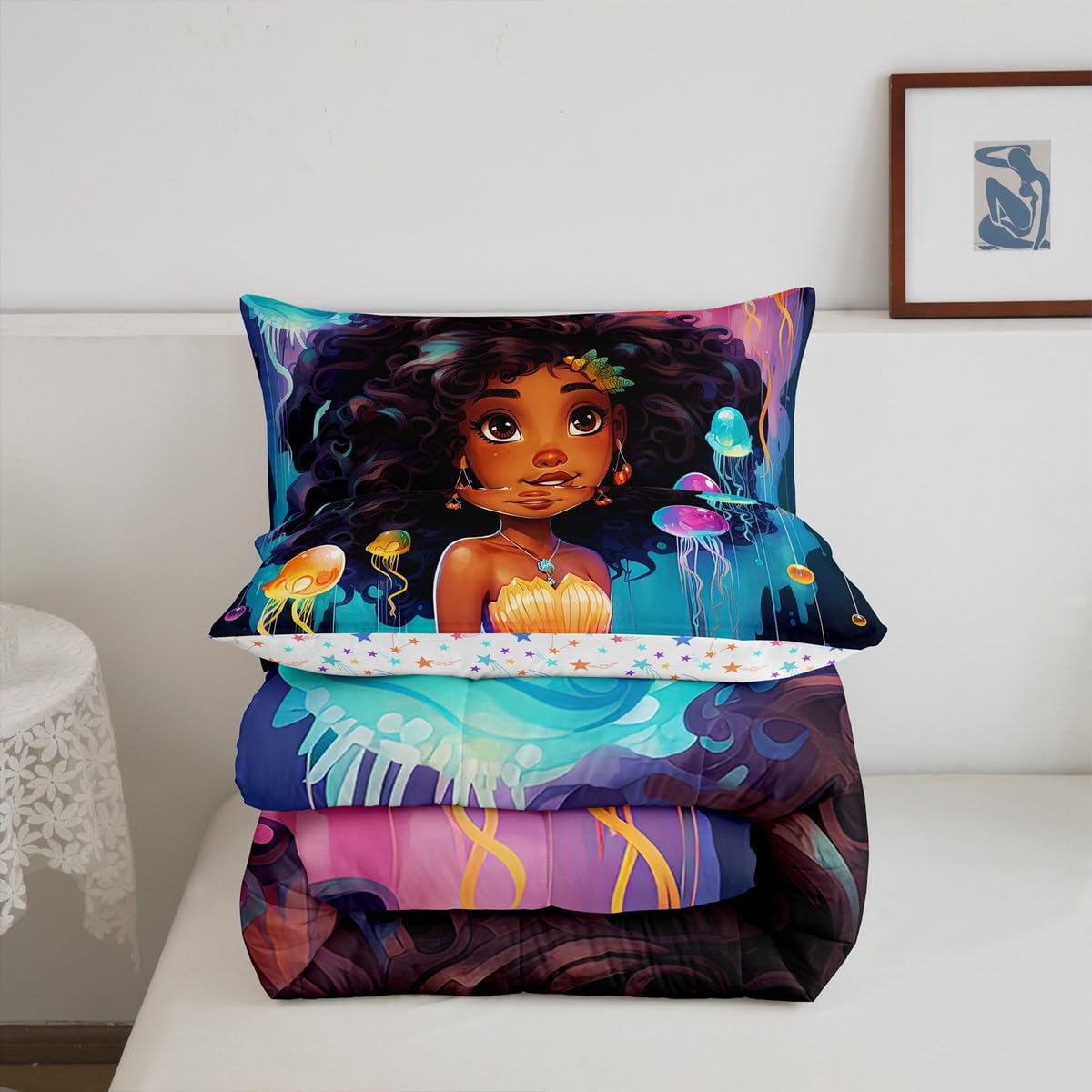 Erosebridal Black Girls Bedding Set Afro Girl Twin Comforter Set for Girls,American African Mermaid Princess Magical Quilt for Toddler Kids Teenager,Jellyfish Kawaii Room Decor