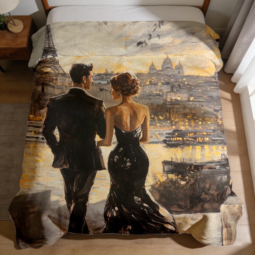 ZHOUSHUTONG Eiffel Tower Throw Blanket Romantic Paris Couple Print Super Soft Warm Cozy Flannel Blanket for Couch Bedroom Sofa Office Anniversary Valentine‘s Day Home Decor Gift 49"x59"