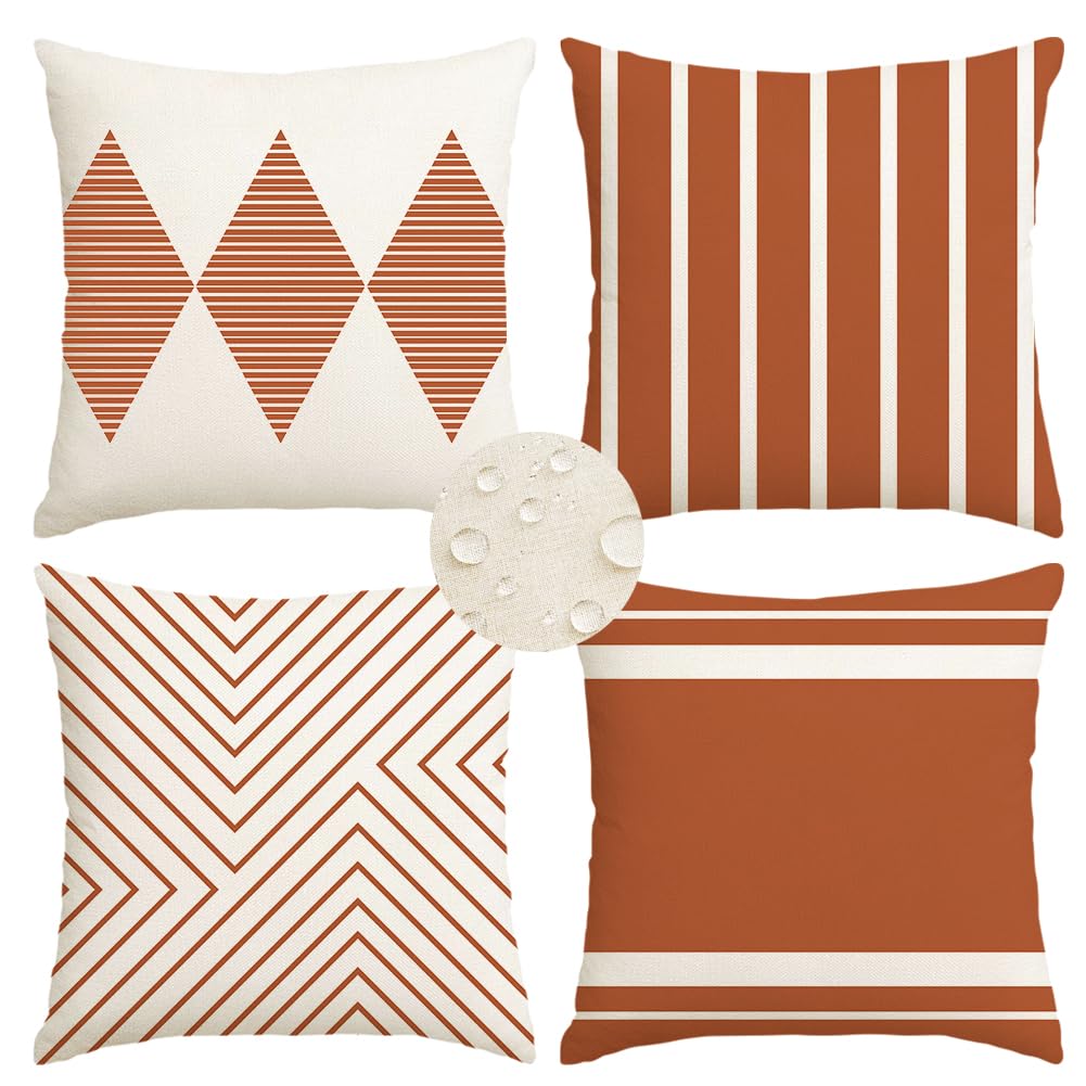 RABUSOFA Outdoor Pillows Covers 18x18 inch Waterproof,Fall Rust and Beige Boho Cushion Cases Set of 4 for Patio Furniture Sunbrella Couch(No Insert)