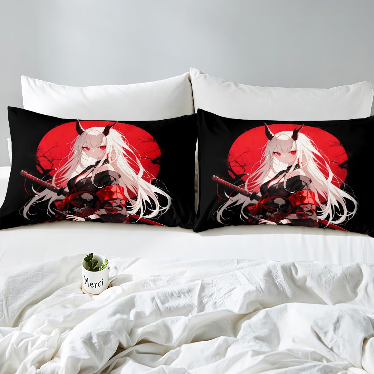 Erosebridal Queen Japanese Anime Bedding Set for Kids, Anime Girl Bed Sheets Kawaii Japanese Style Fitted Sheet Cartoon Japan Animation Bed Set for Boys Teen Adult Women Bedroom,Red Black