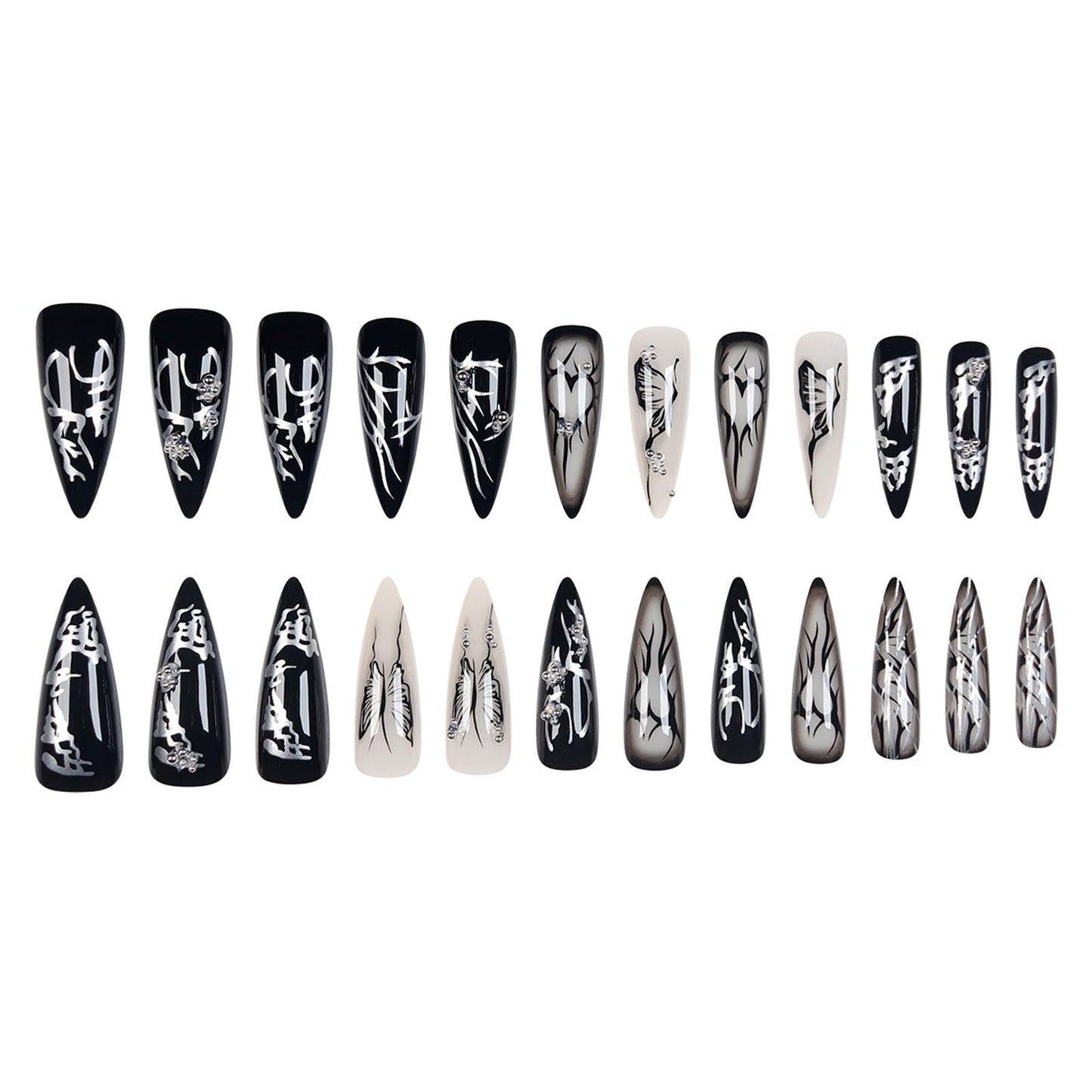 SINHOT Stiletto Press on Nails - Long Fake Nails, Glossy Finish, Black Butterfly & Gothic Style, DIY Artificial False Nail Art - 24 Pcs Nail Kit with Glue