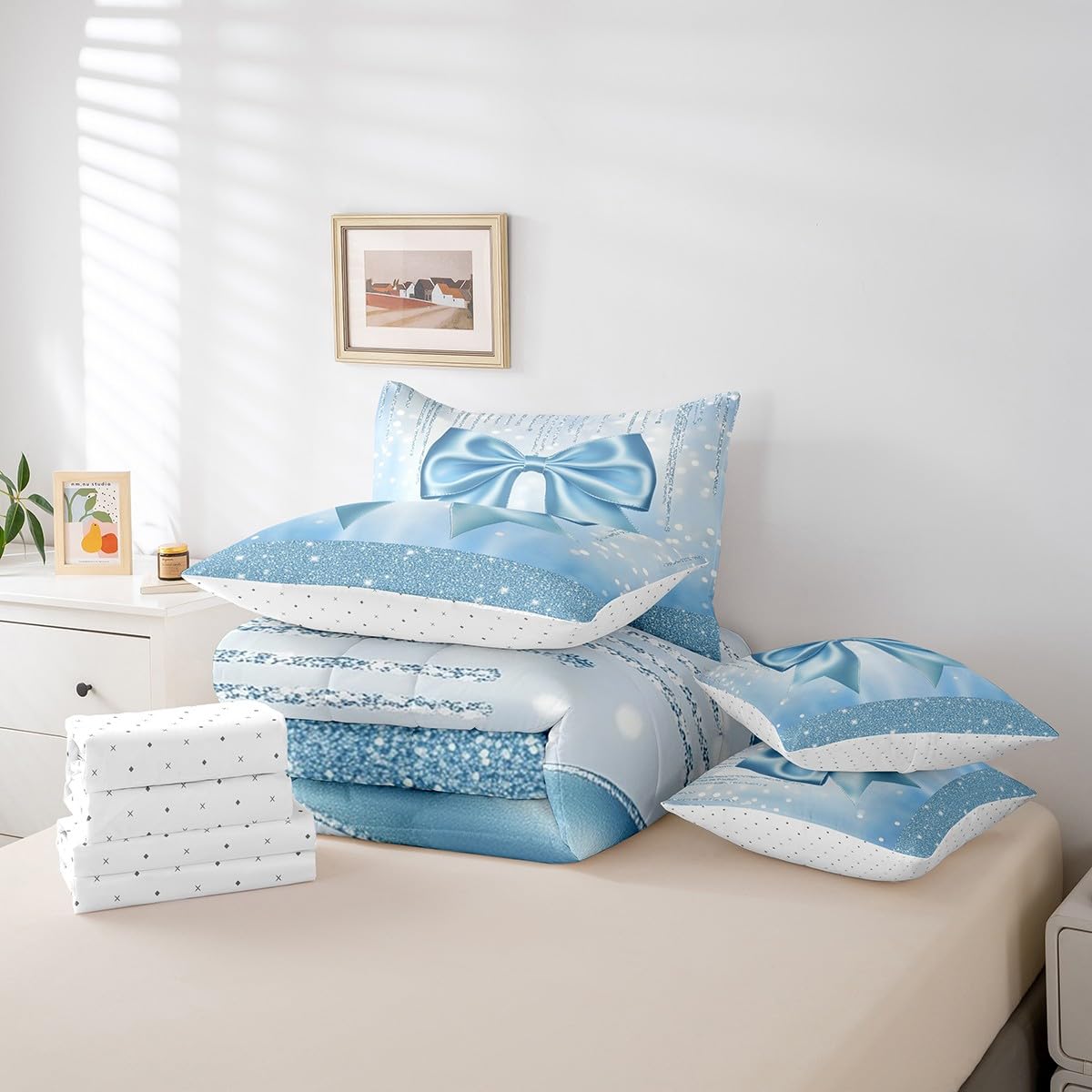 Feelyou Kids Cute Bowknot 7 Pieces Bedding Set Twin Size, Dreamy Princess Comforter Set with Sheets Boys Girls Glitter Bed in A Bag Blue Bow Teens Bed Set Bedroom Decor 7Pcs