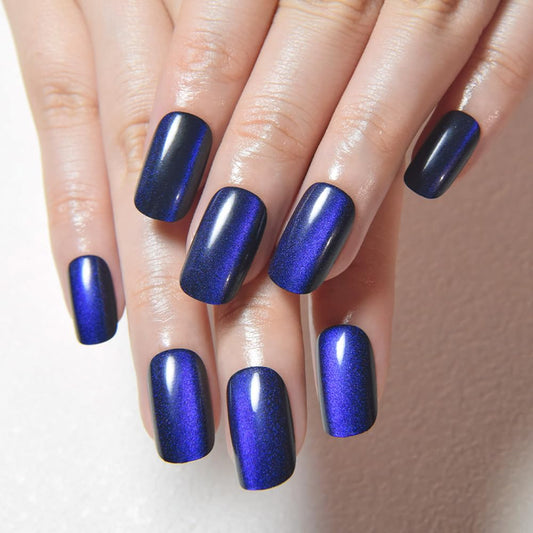 Royal Blue Cat Eye Press on Nails Medium Square, Medium Square Press Stick on Nails Chrome for Women Gift, Blue Holographic Glitter Glossy Reusable Soft Gel Acrylic Fake Nail with Cateye Effect Design