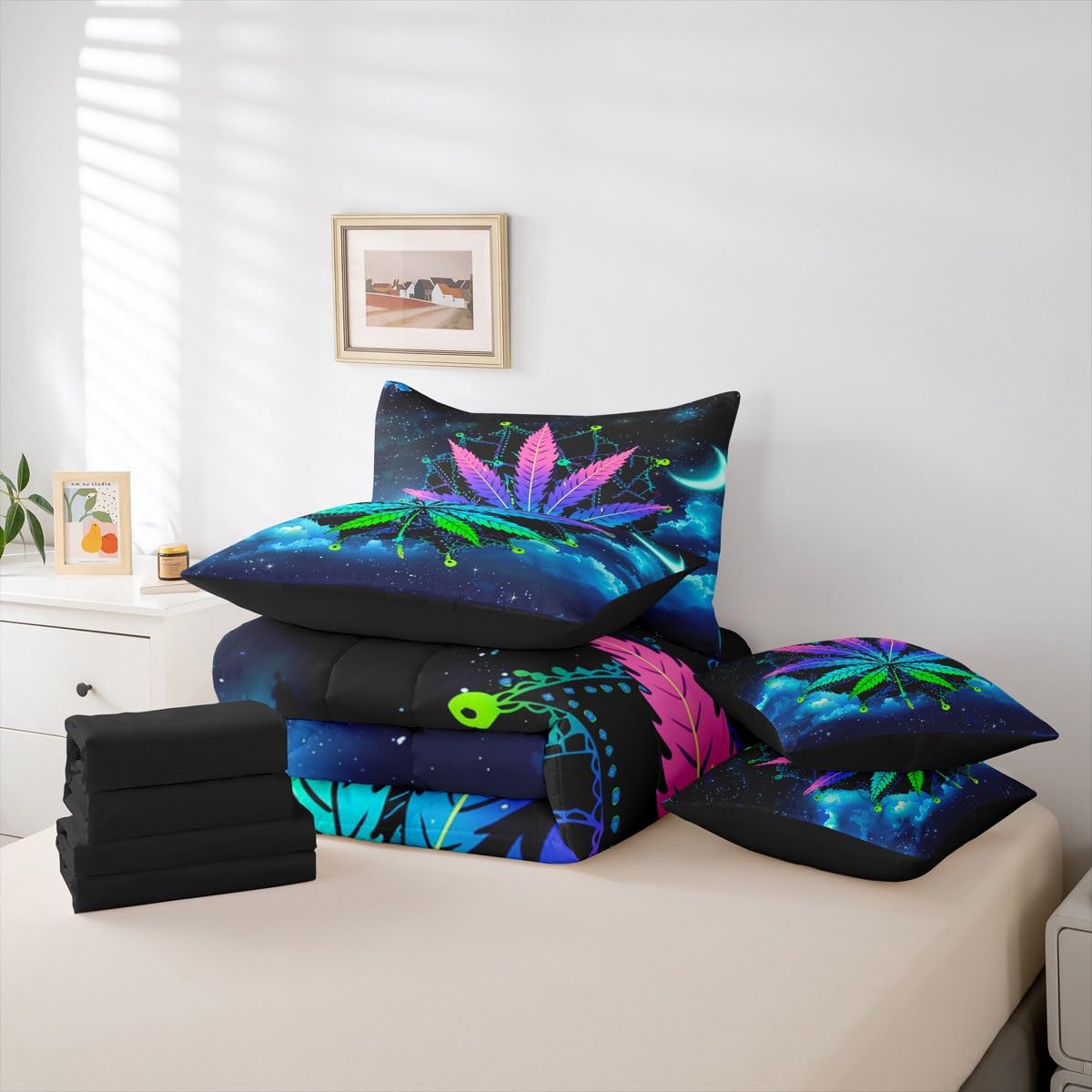 Erosebridal Leaves Twin Comforter Set 7 Pieces, Bohemian Mandala Bed in A Bag, Leaf Bedding Set with Comforters, Sheets, Pillowcases Galaxy Starry Sky Bedroom Decor