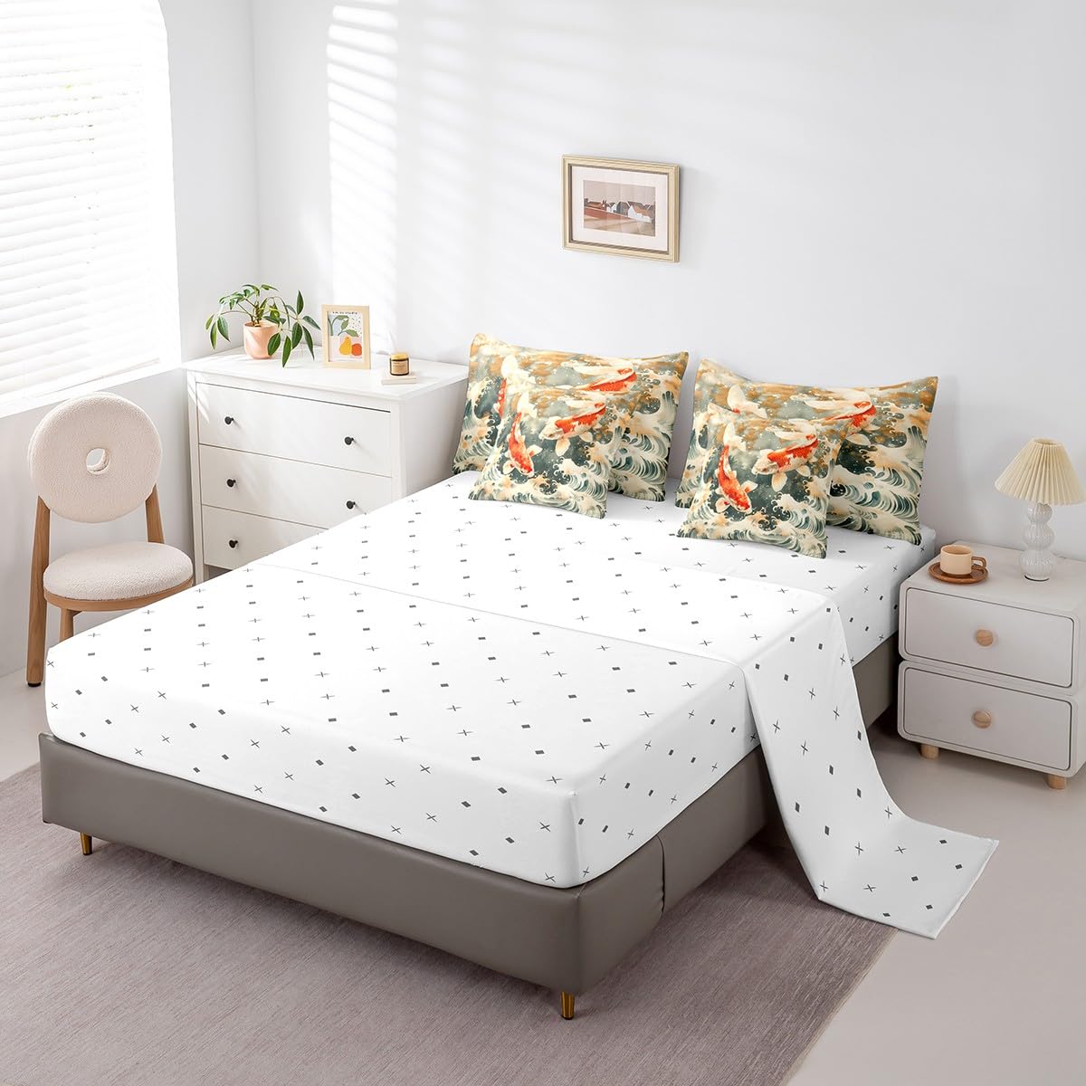 Erosebridal 7 Piece Koi Fish Queen Comforter Set,Japanese Ocean Waves Bedding Set with Sheets,Vintage Oriental Theme Bed in a Bag Ukiyoe Style Bed Set with Fitted Sheet,Flat Sheet,Pillowcases