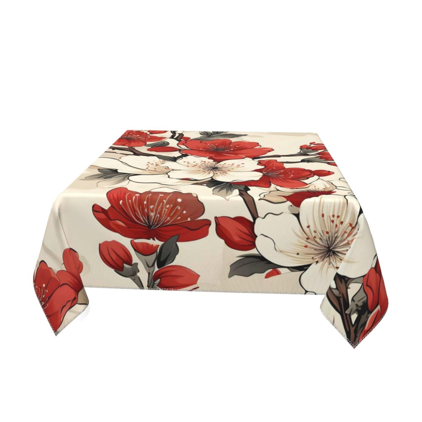 DXTKWL Table Cloth Japanese White Red Cherry Blossom Square Tablecloth 55x55 in Washable Stain Resistant Table Cover for Dining Parties Indoor Outdoor