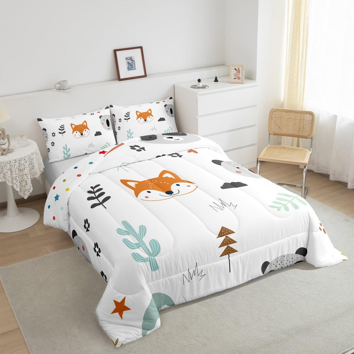 Feelyou Cute Fox Comforter Set Twin Size Cartoon Animal Bedding Set for Boys Girls Teens Bedroom Decor Zoo Animal Comforter Women Men Wildlife Duvet Set with 1 Pillow Case