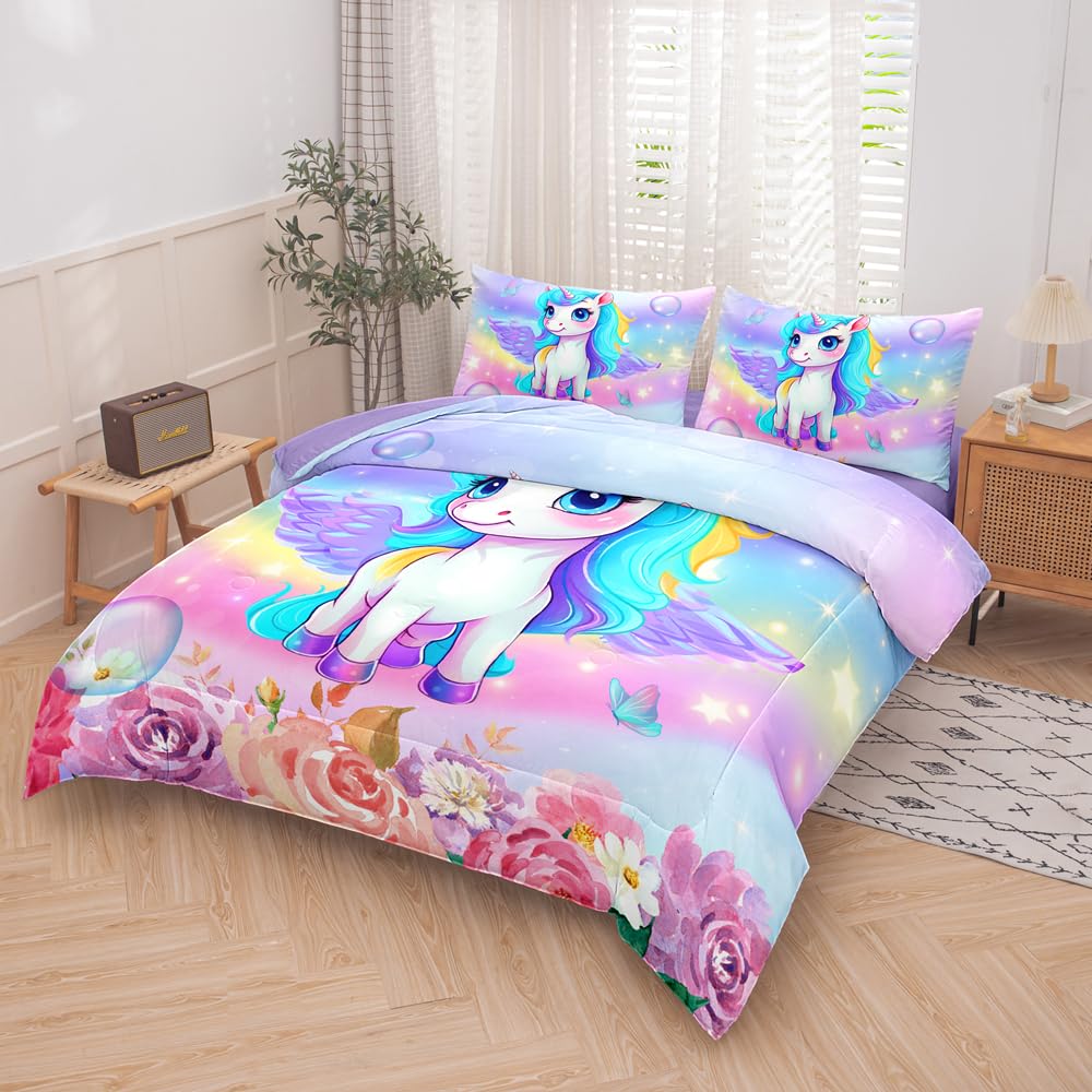 RUPSLO 5PCS Unicorn Comforter Sets,Girls Bedding Sets,Unicorn Bedding Sets,Twin Comforter Set for Girls(Unicorns Bed Sets with Sheets)