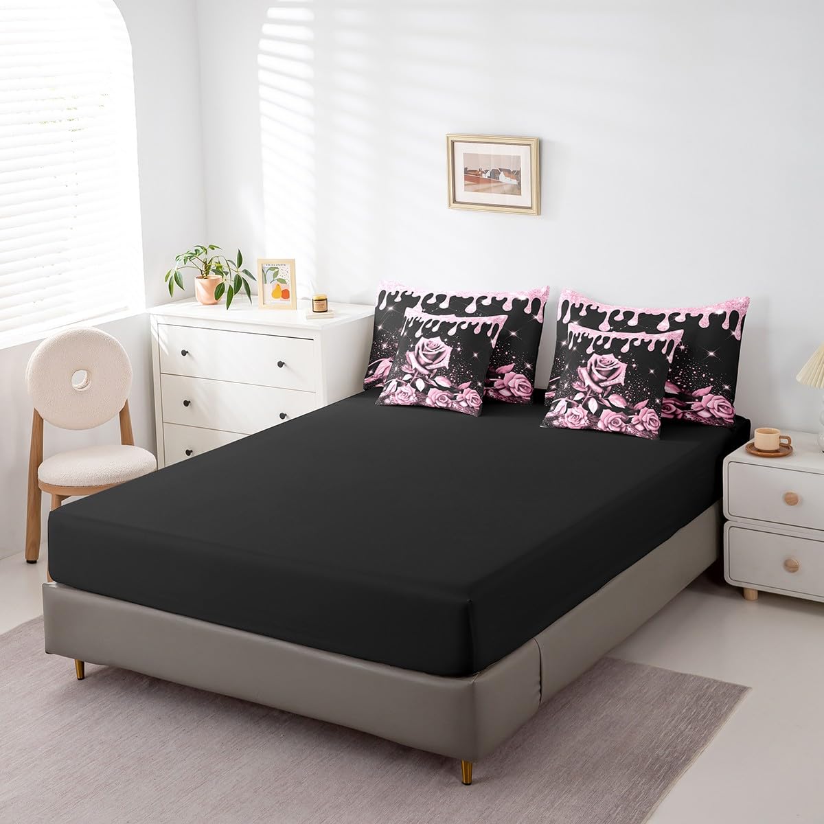 Feelyou Pink Rose 7 Piece Bedding Set Full Size for Kids Boys Girls Teens Toddler Rose Floral Flower Comforter Set with Sheets Romantic Bed in a Bag Glitter Star Bed Set