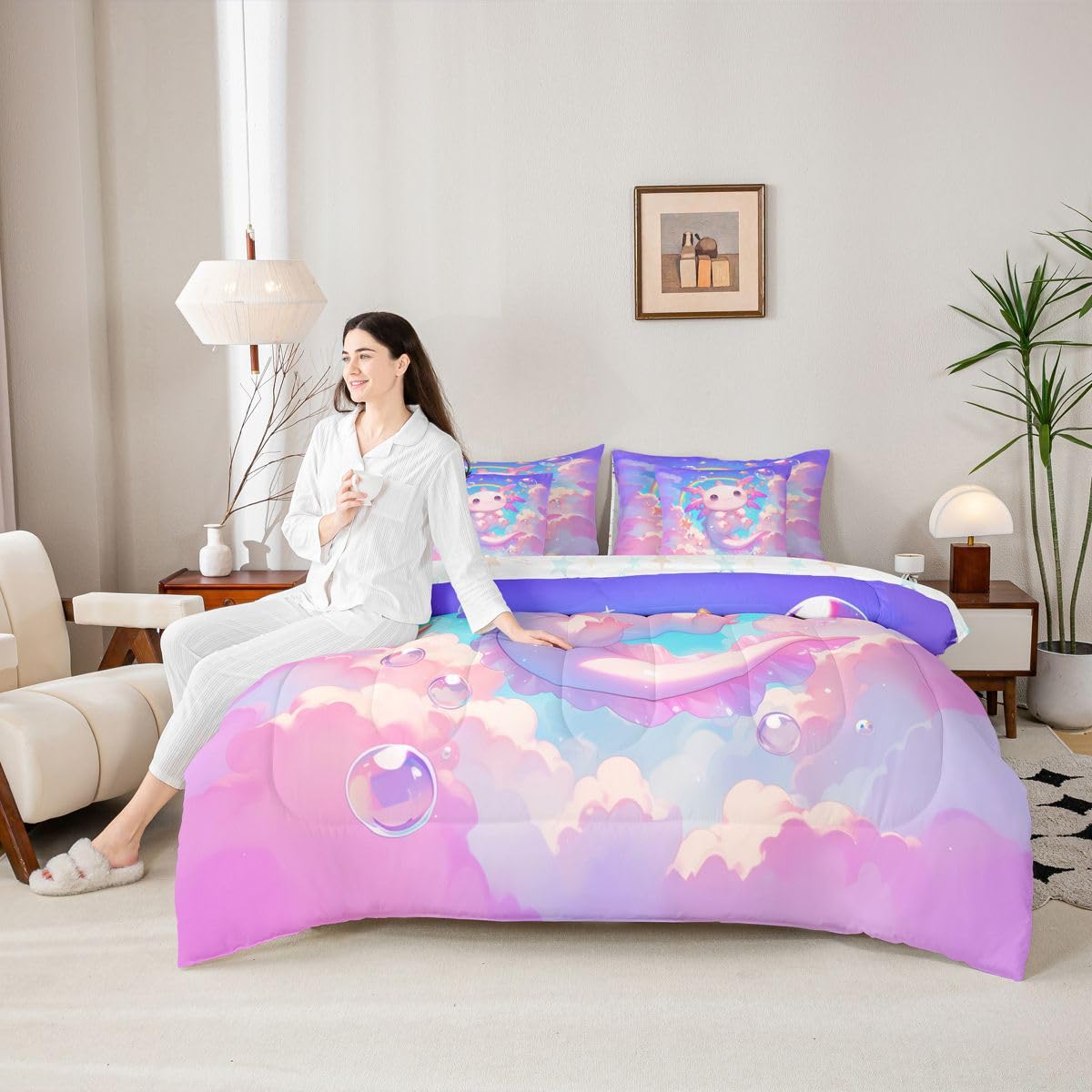 Erosebridal Kids Pink Axolotl Twin Size Bedding Set Princess Cute Axolotl 7 Pieces Comforter Set with Sheets for Girls Teens Dreamy Stars Rainbow Bed in a Bag Bubble Blue Sky Cloud Bed Sets