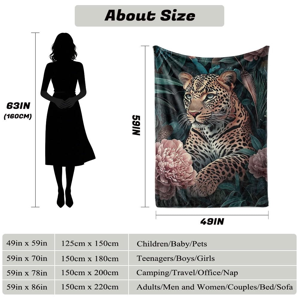HUNXIAOJ Leopard Throw Blanket Animal Print Blanket Cheetah Gifts for Kids Warm Soft Flannel for Girls Boys Woman Teens Adults Bed Sofa Couch (49in x 59in)