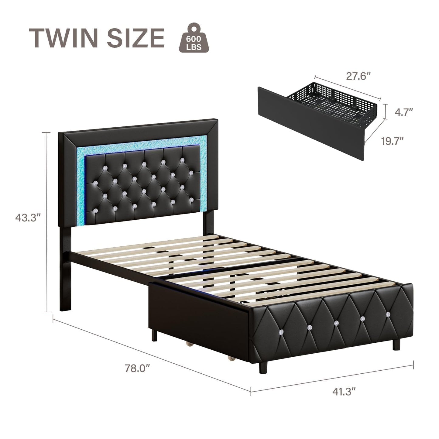 BarnFurin Twin Bed Frames with LED Lights and Storage Drawers, Upholstered Bed Frame with Diamond Headboard, Faux Leather Modern Platform Bed, Wooden Slats Support, No Box Spring Needed, Black