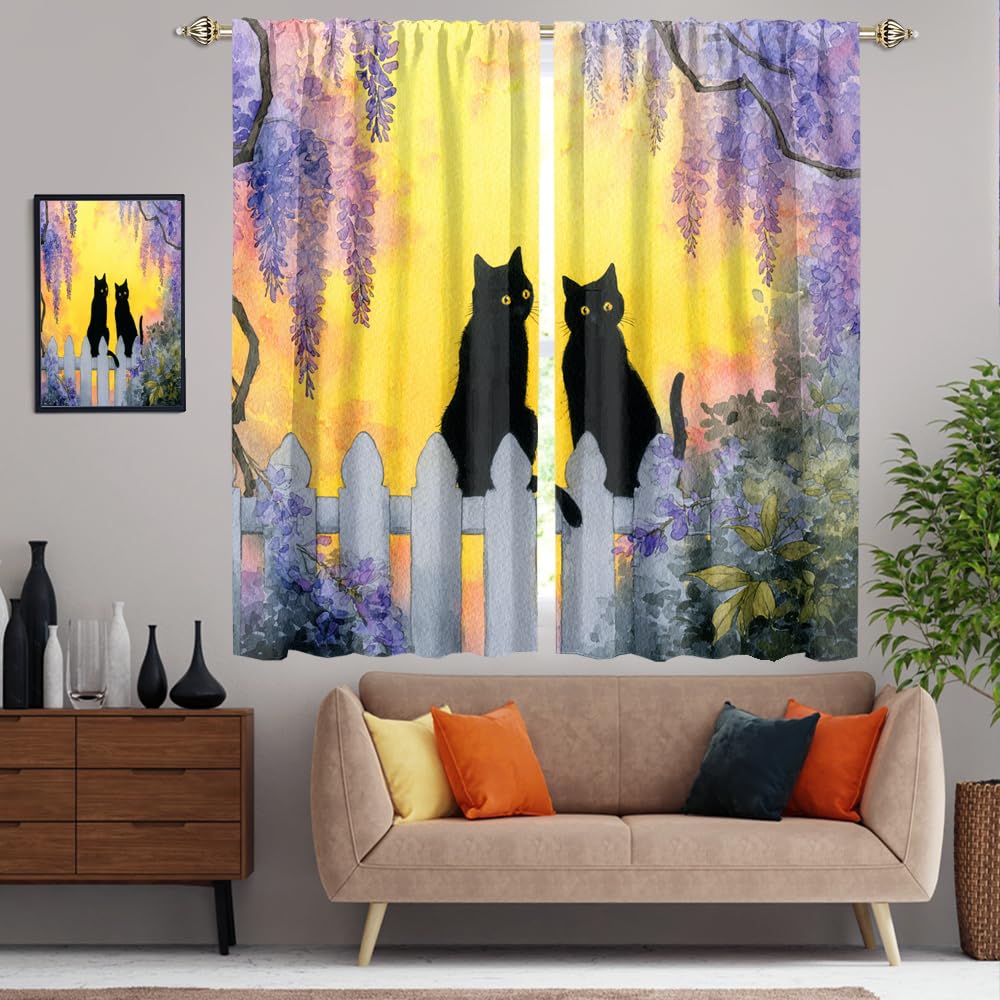XSUPFLYM Cute Beautiful Black Cat Window Thermal Curtain for Living Room Colorful Modern Spring Garden Animal Black Cats Plant Lilac Floral Blackout Curtains for Bedroom 2 Panels Each 21" W x 45" L
