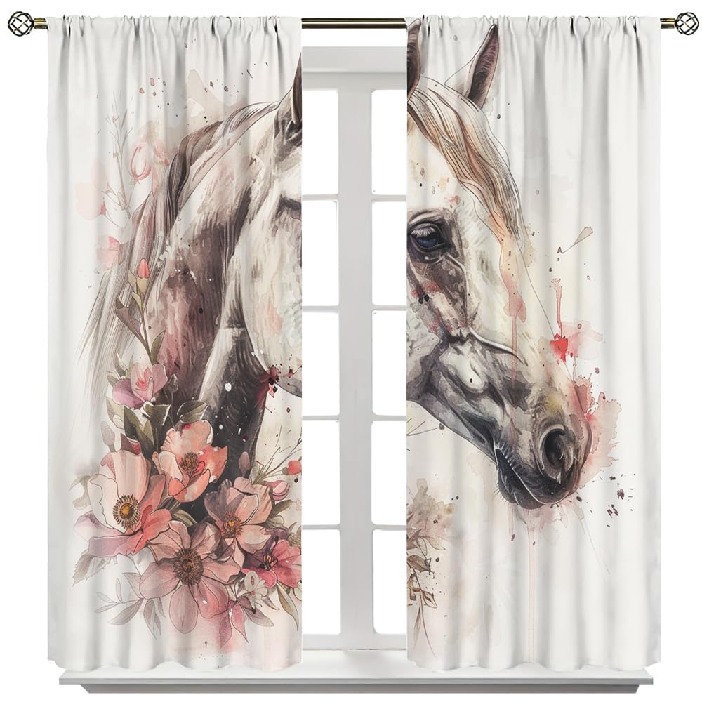 SOPIYRIO Retro Floral Horse Blackout Window Curtains Beautiful Flower Abstract Animal Rod Pocket Curtains for Bedroom Thermal Insulating Drapes for Living Room 2 Panels 21 W x 45 L inch
