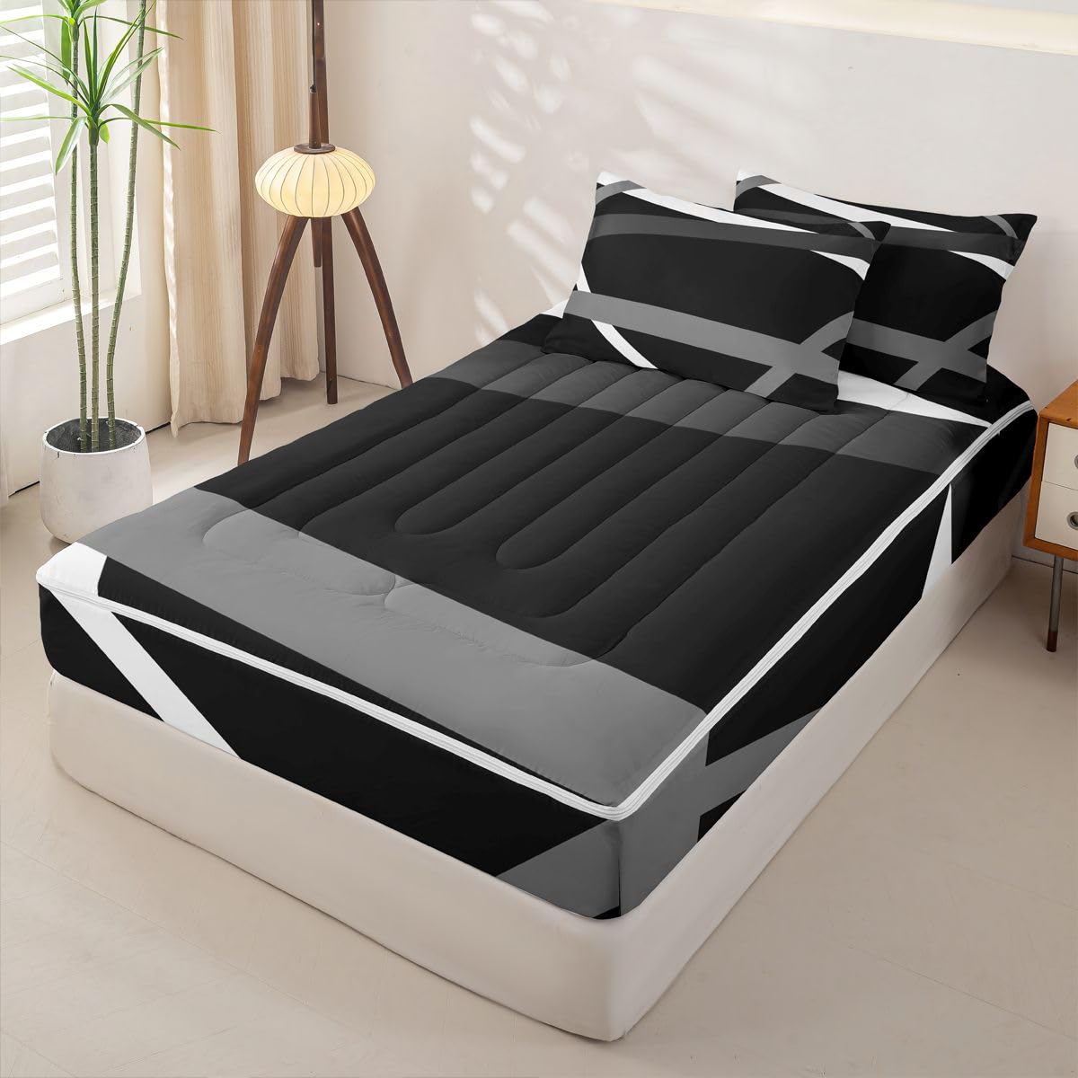 Erosebridal Gray Black White Striped Zippered Comforter Set for Adult Women Men - Modern Abstract Zipper Bedding Set Twin Size Geometric Lines Bed in a Bag Aesthetic Boho Comforter with Sheets