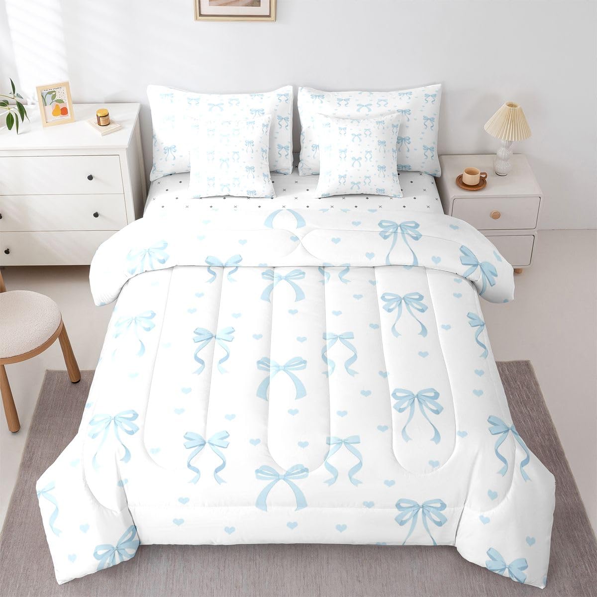 Erosebridal Princess Bowknot 7 Piece Bedding Set Full Ribbon Bow Comforter Set with Sheets Bow Tie Bed in A Bag Princess Bed Sets with 2 Pillowcases, 2 Throw Pillow Covers