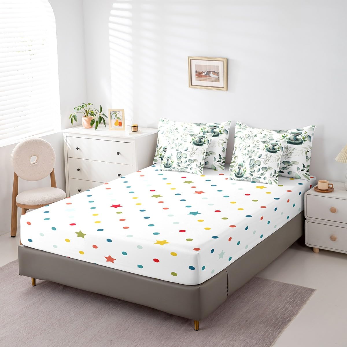Erosebridal 7-Piece Cute Snake Bedding King for Kids Child Green Eucalyptus Comforter Set, Wild Animal Bedding Comforter Sets Botanical Plant Leaves Bed in a Bag, Cartoon Wildlife Bedding Accessories