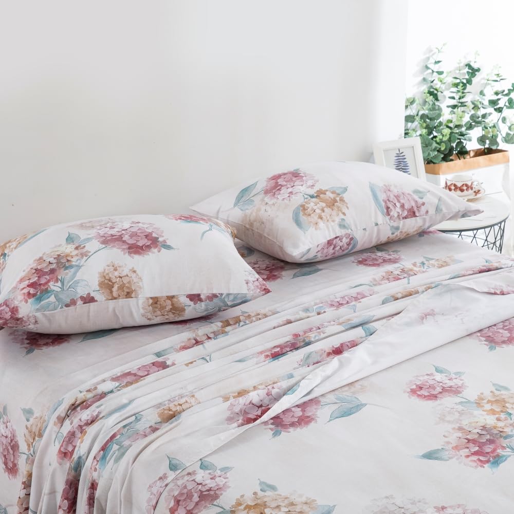 DAUAOTO King Size Printed Sheets Set, 100% Cotton Bedding Sets, Up to 14" Deep Mattress, Floral Pattern Bedlinen Set, Hydrangea Blush