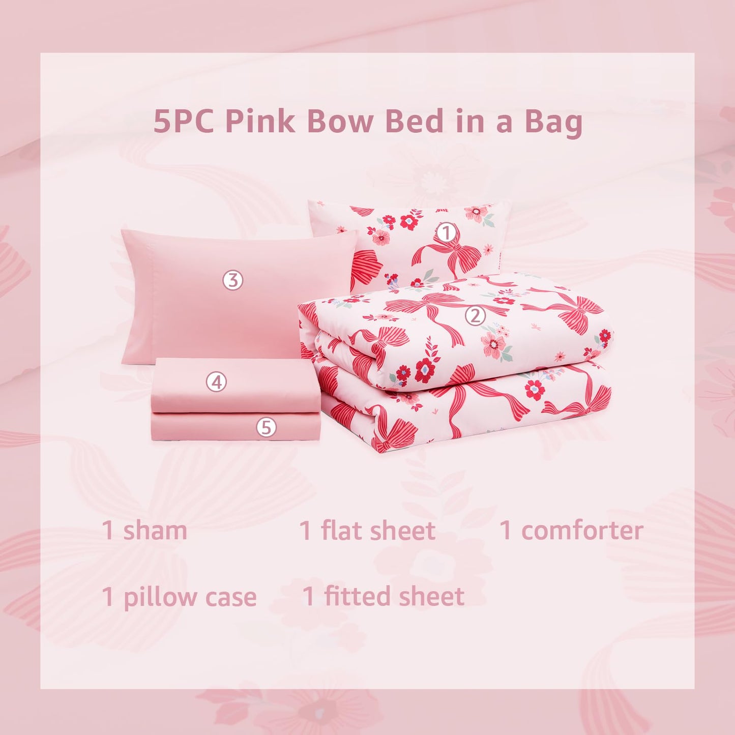 AMBERSPACE Twin XL Comforter Set for Girls, Pink Bow Bedding Set with Cute Floral, All Season Kids Dorm Bed in a Bag 5 Pieces with Sheets, Pillowcase & Sham