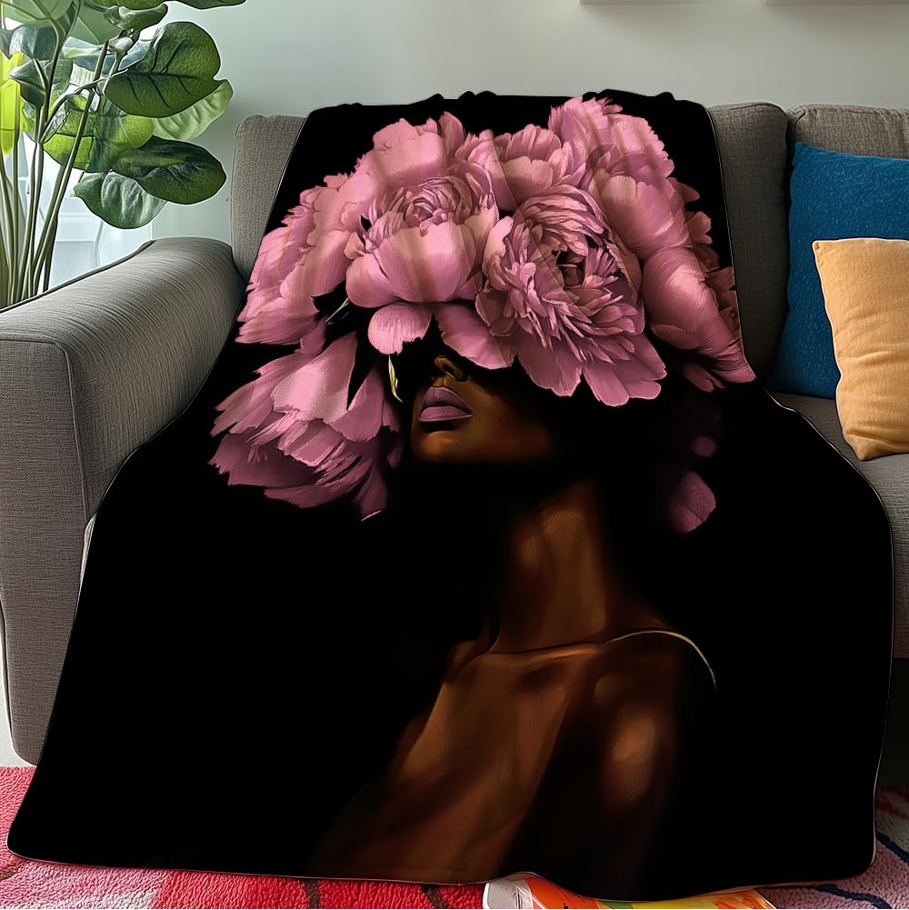 HUNXIAOJ African American Throw Blanket Black Girls Print Blanket African American Gifts for Women Warm Soft Flannel for Girls Boys Women Teens Adults Bed Sofa Couch (50 in x 60 in)