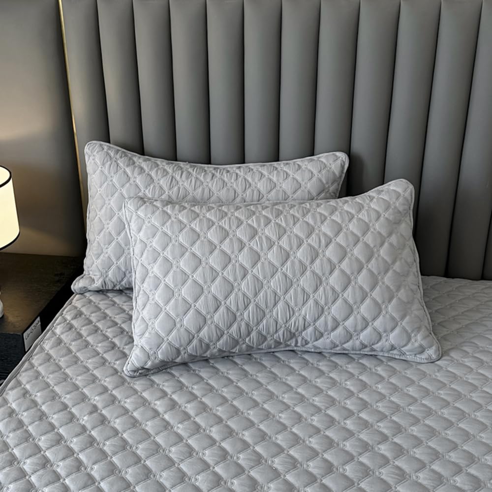 ZIQINPSQ Gingham Fitted Sheet Full Size - 18" Deep Pocket Cotton Quilted, Non-Slip Skincare Bed Sheet,Light Grey