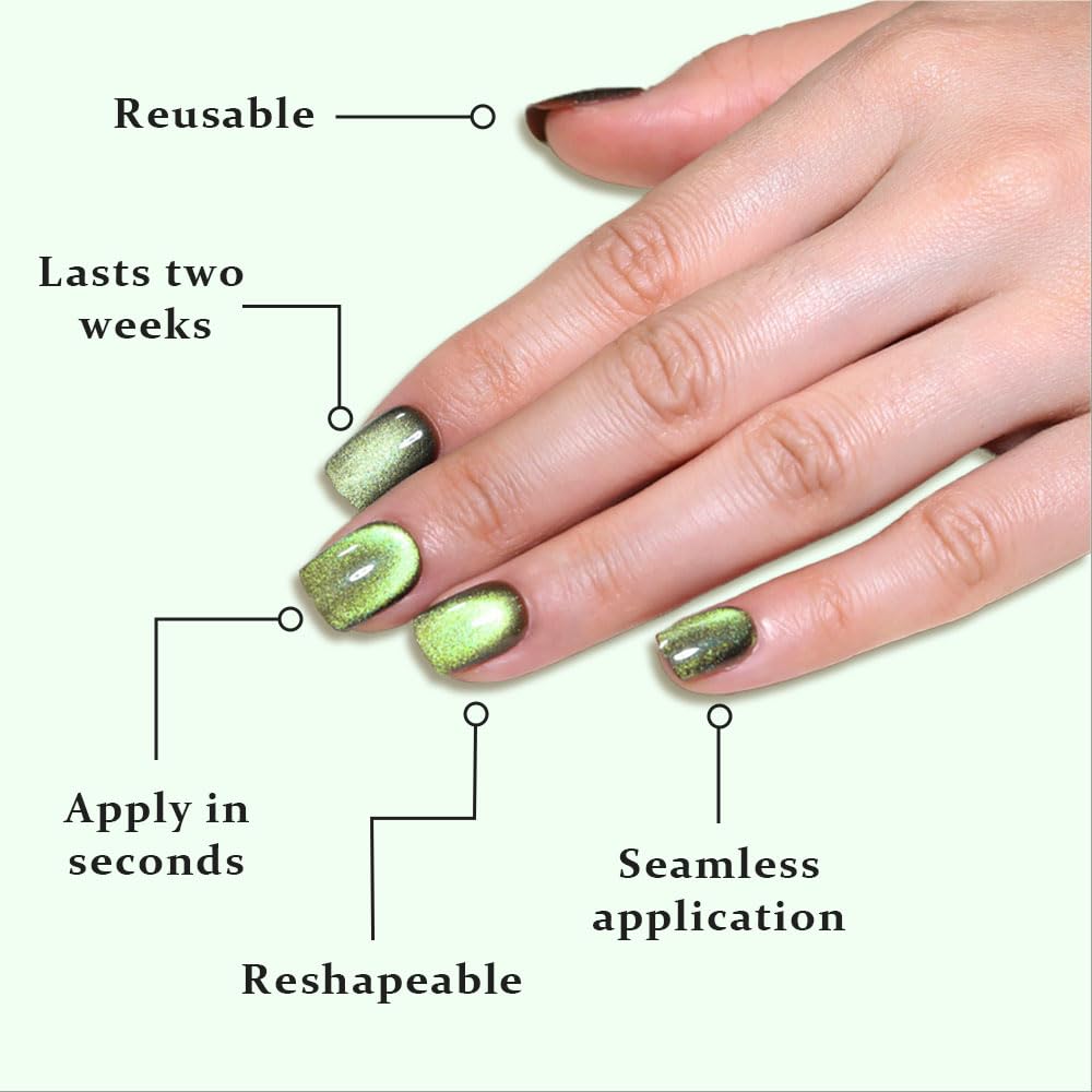 evpct Light Green Cat Eye Extra Short Press on Nails Square No Glue, Petite Short Square Stick on Nails for Women, Light Green Metallic Glitter Glossy Reusable Press on Acrylic Fake Nail with Designs