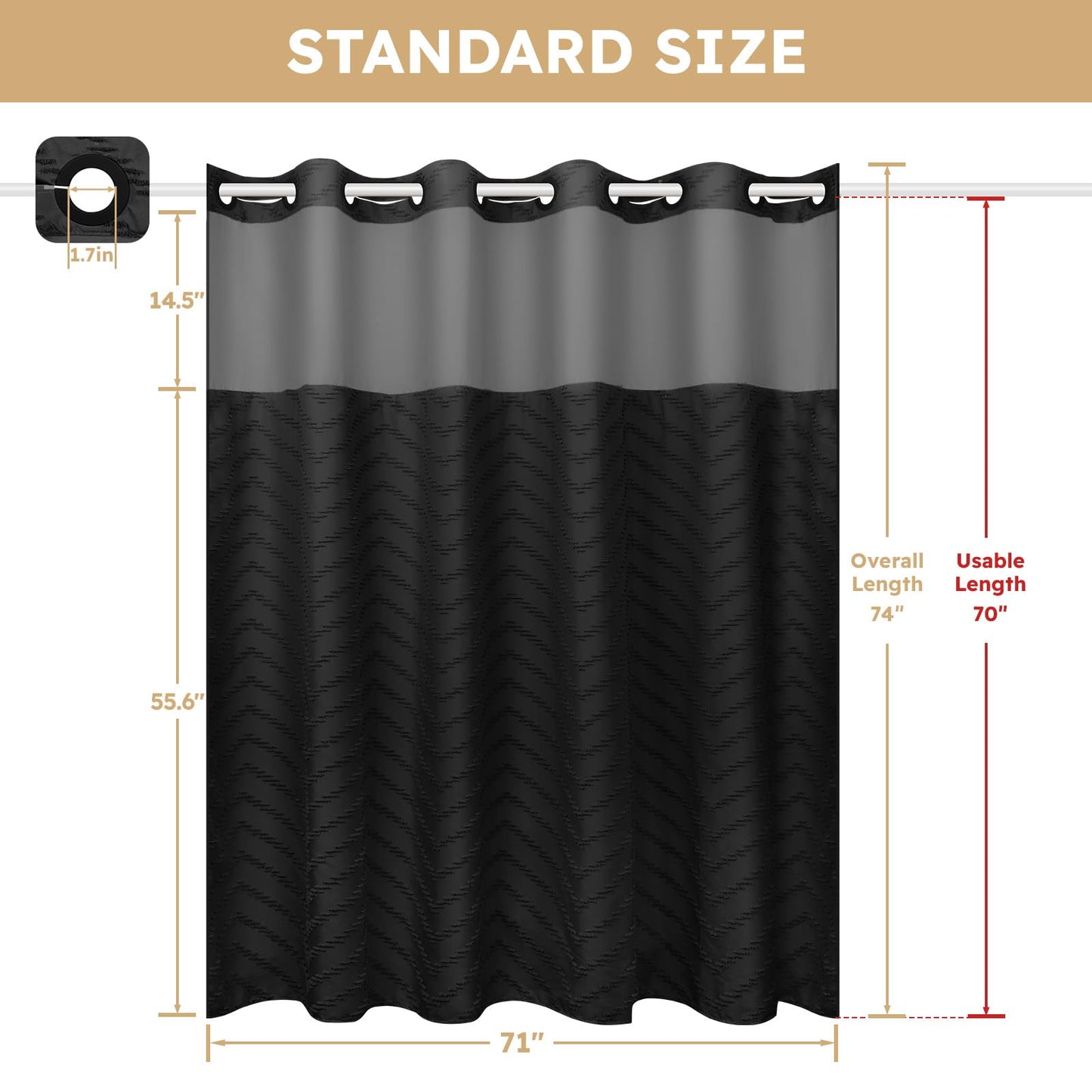 FADOTY No Hook Shower Curtain and Liner Set, Black Snap in Shower Curtain Ringless Chevron Tufted Cloth Waterproof Washable Fabric Bath Curtain with See Through Top Window for Bathroom Hotel 71" x 74"