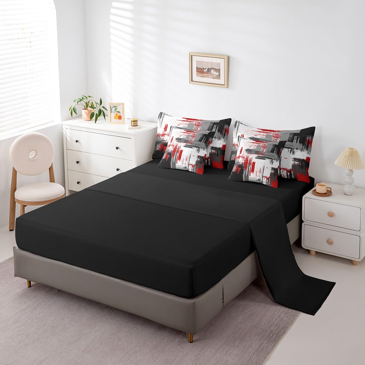 Feelyou Abstract Bed Set Includes Comforter, Sheet Set, Pillowcases & Pillow Covers Modern Abstract Art 7 Piece Bedding Set Children Red Grey Black Pattern Bedding Set Queen Size
