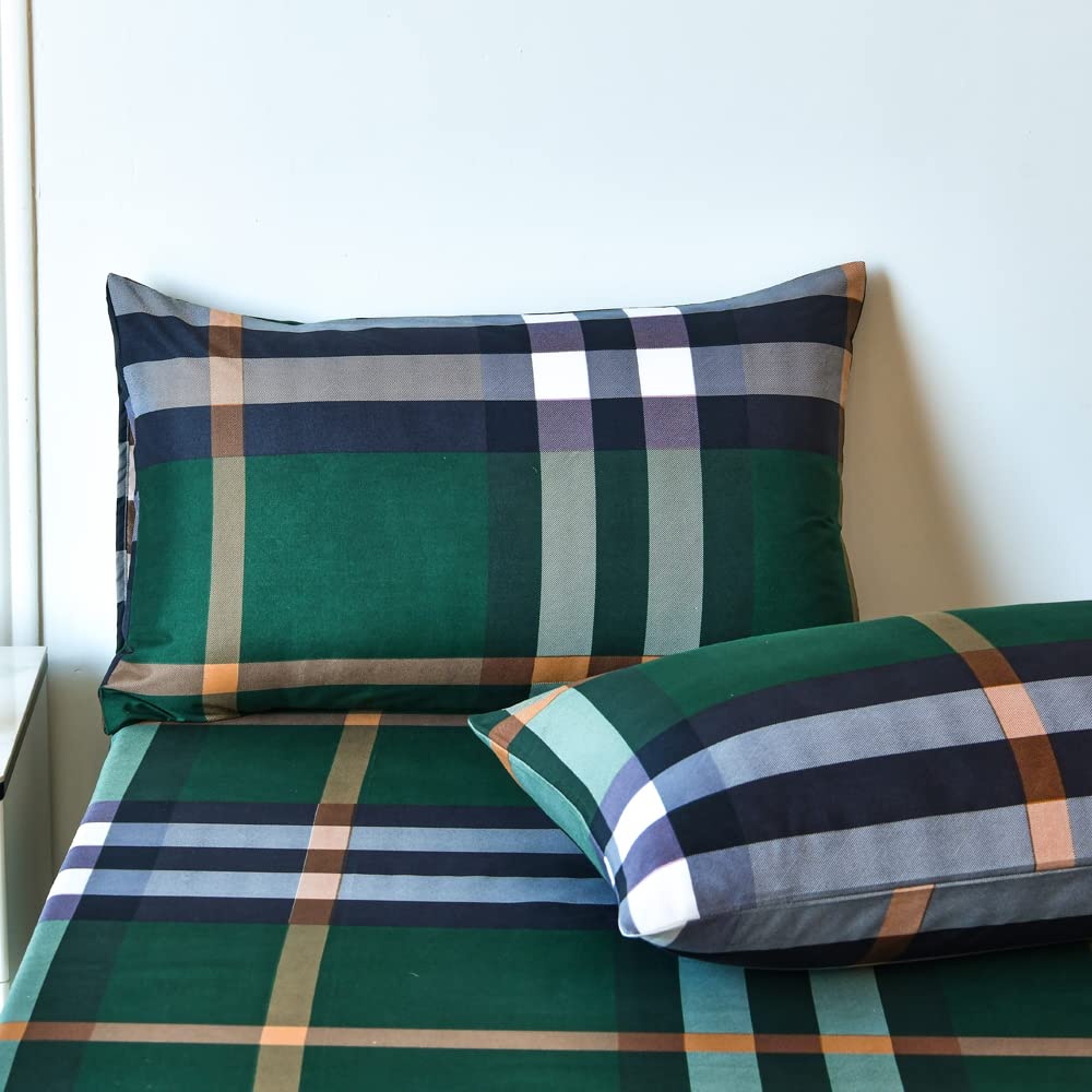 Buffalo Check Grid Fitted Sheet Twin Super Soft Green Plaid Gingham Bedding Sheet Microfiber Modern Geometric Stripe Deep Pocket Fitted Sheet Pillow Case Farmhouse Machine Washable Bed Cover