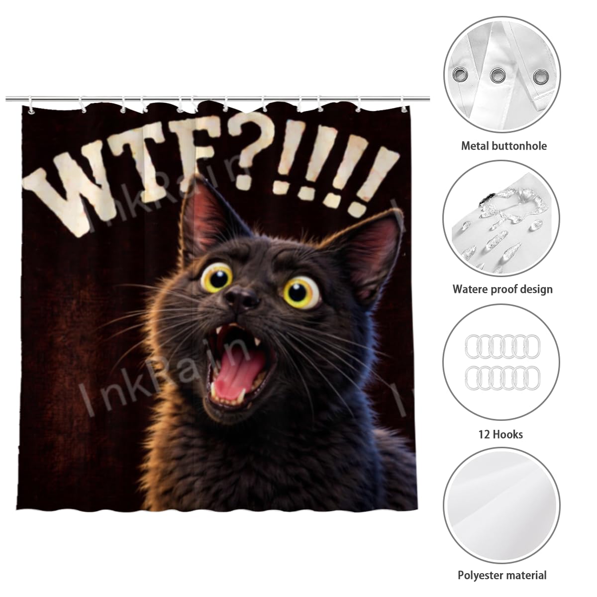 InkRain Black Cat Shower Curtain 72x72 Inch with 12 Hooks Cartoon Design Bathroom Curtain Waterproof Fabric Bath Curtain for Home Bathroom Decor