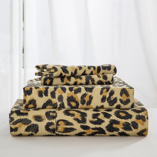 DAUAOTO Queen Size Printed Sheets Set, 100% Cotton Bedding Sets, Up to 14" Deep Mattress, Modern Pattern Bedlinen Set, Leopard Yellow
