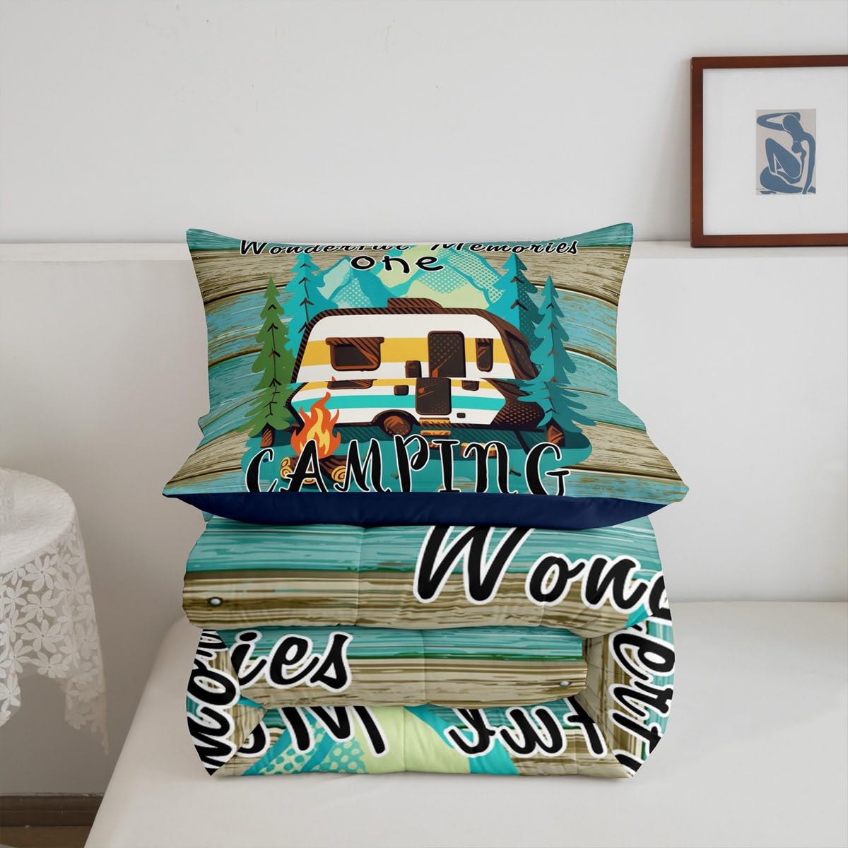 Erosebridal Rv Camper Comforter Set for Kids Boys Girls Happy Camping Life Bedding Farmhouse Wooden Style Duvet Set Travel Trailers Comforter King with 2 Pillowcases
