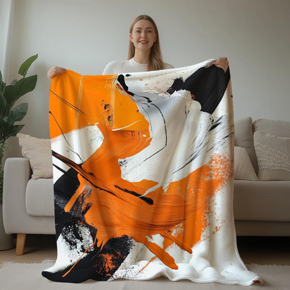 HUNXIAOJ Abstract Throw Blanket Orange and Black Flannel Blanket Abstract Orange Bedding Warm Soft Flannel for Bed Sofa Couch (59in x 70in)