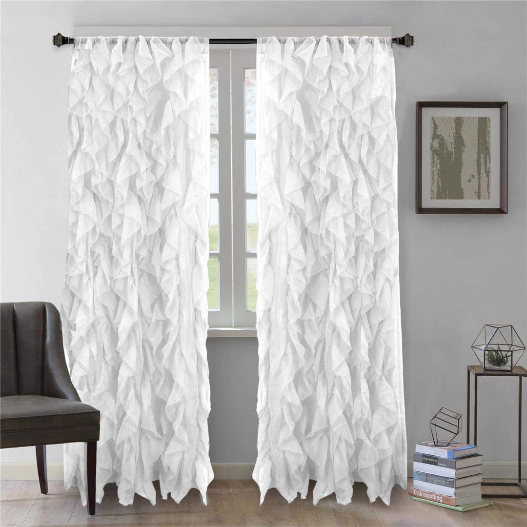 DiamondHome 2pc Cascade Shabby Chic Sheer Ruffled Curtain Panel (White, 63" L Panel Pair)