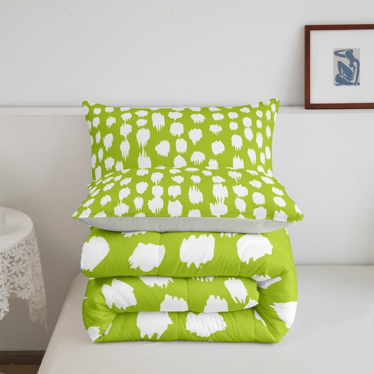 Erosebridal Lime Green Comforter Set Abstract Polka Dots Bedding Set Queen Size Boho Circle Down Comforter for Kids Boys Girls Adults Lime Green Brush Stroke Spots Quilt Duvet Fashion Room Decor