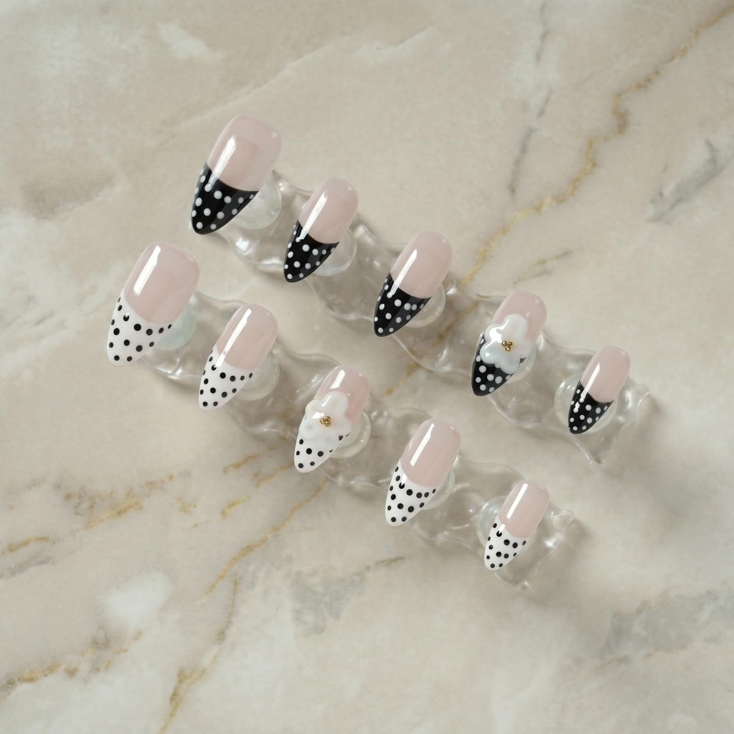 Tesytto Press On Nails Medium Almond, Handmade 3D Flower Polka Dot Fake Nails, French Tip Nude Black White Acrylic Nails, Reusable Press-On Nail Kit (Pink Polka Floral Rhyme,M)