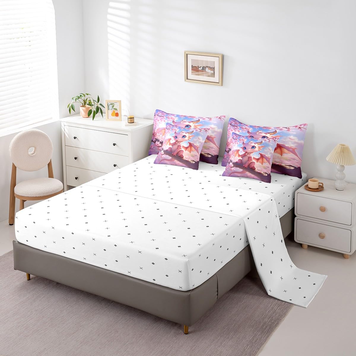 7 Pieces Cartoon Dragon Comforter Set Queen,Pink Cherry Blossom Bed Set for Kids Boys Girls,Flower Botanical Bedding(1 Comforter,1 Fitted Sheet,1 Flat Sheet,2 Pillowcases,2 Throw Pillow Cover)
