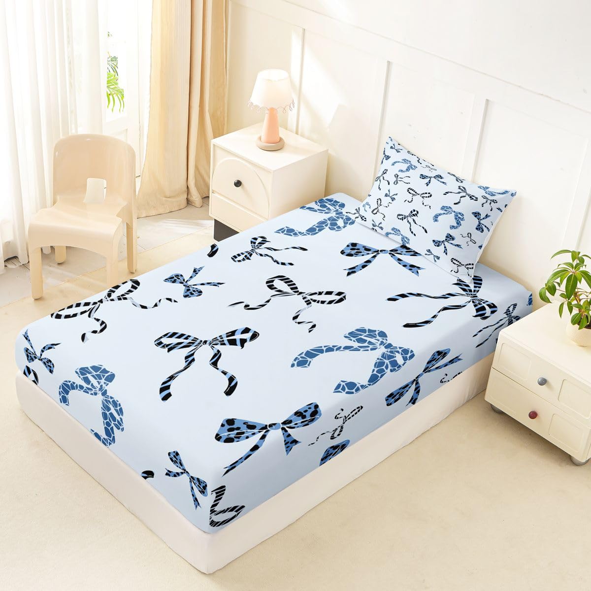 jejeloiu Blue Leopard Bow Fitted Sheet Twin Size for Kids Boys Girls Leopard Print Bowknot Bed Sheets Set 16" Deep Pocket Dreamy Princess Bowknot Bedding with 1 Pillowcase Room Decor